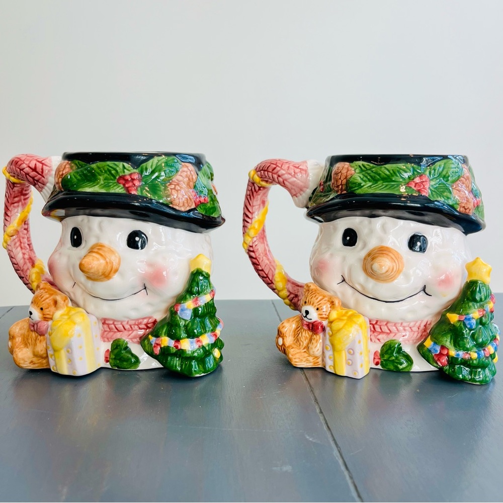 2  Vtg Holiday Christmas Ceramic Snowman Mugs 16 Oz, by Alco